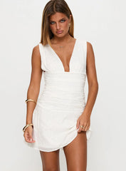 Everelle Ruched Embroidered Mini Dress White
