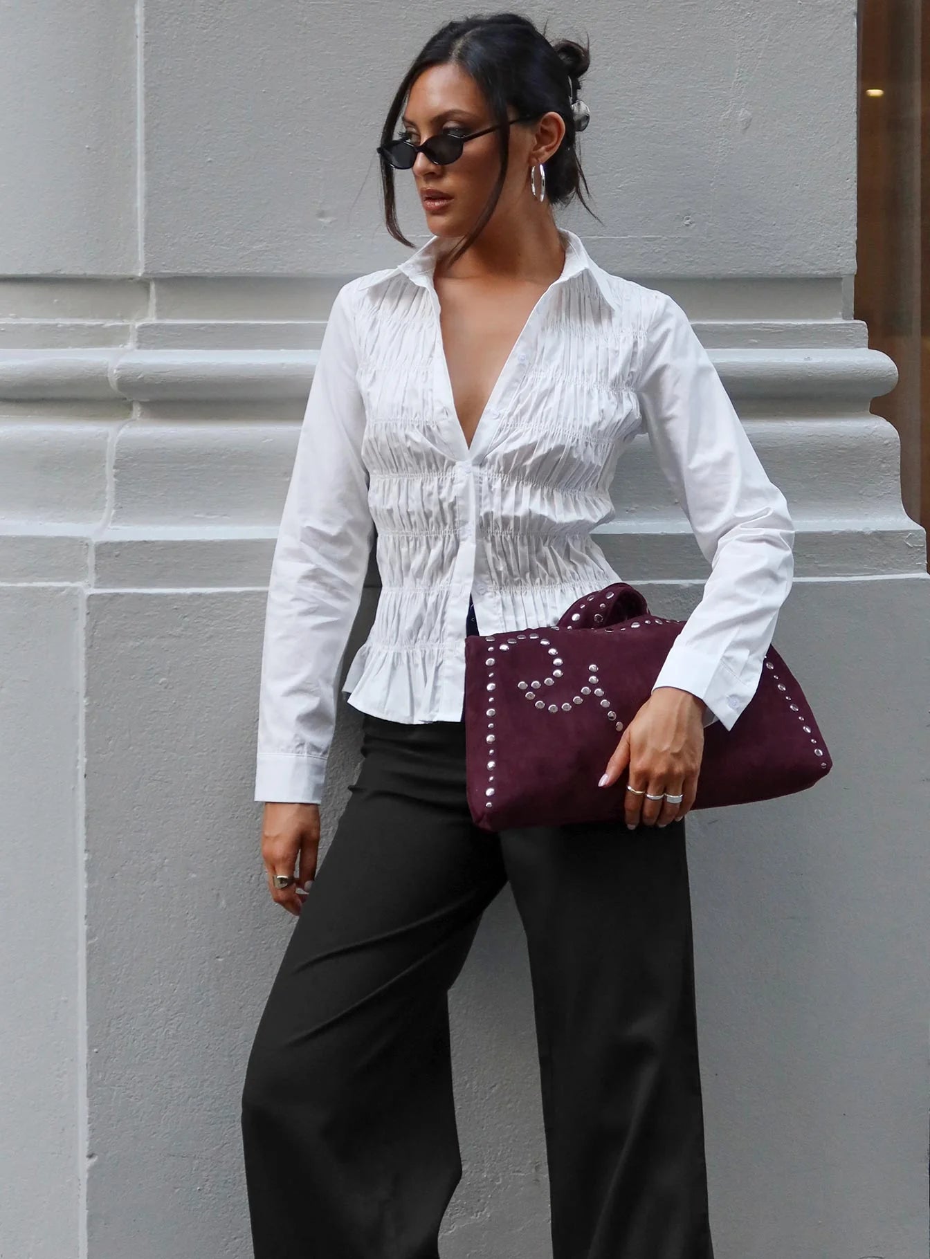 Cultivate Shirred Long Sleeve Top White