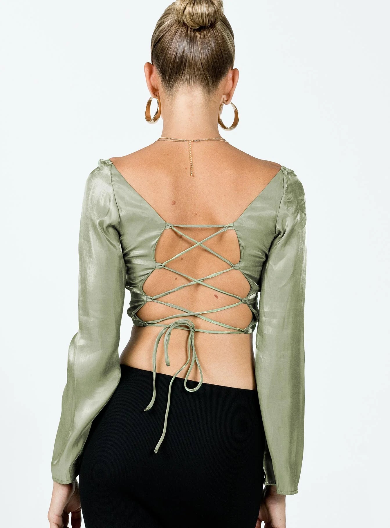 Nakai Lace Up Long Sleeve Top Sage