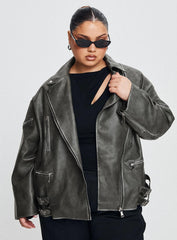 Magnets Faux Leather Jacket Washed Charcoal Curve