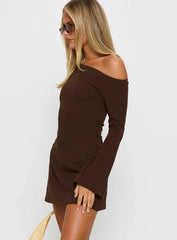 Adrietta Long Sleeve Off Shoulder Knit Mini Dress Brown