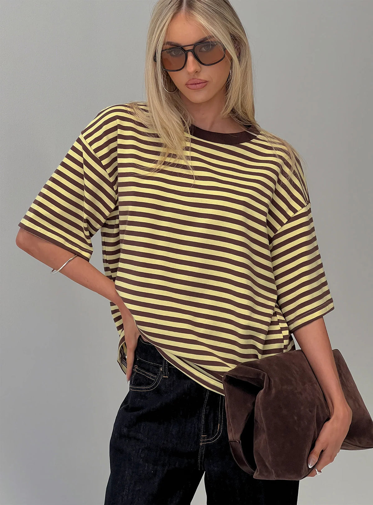 Keep Falling Short Sleeve Top Yellow / Brown Stripe