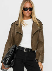 Talisha Faux Leather Biker Jacket Brown
