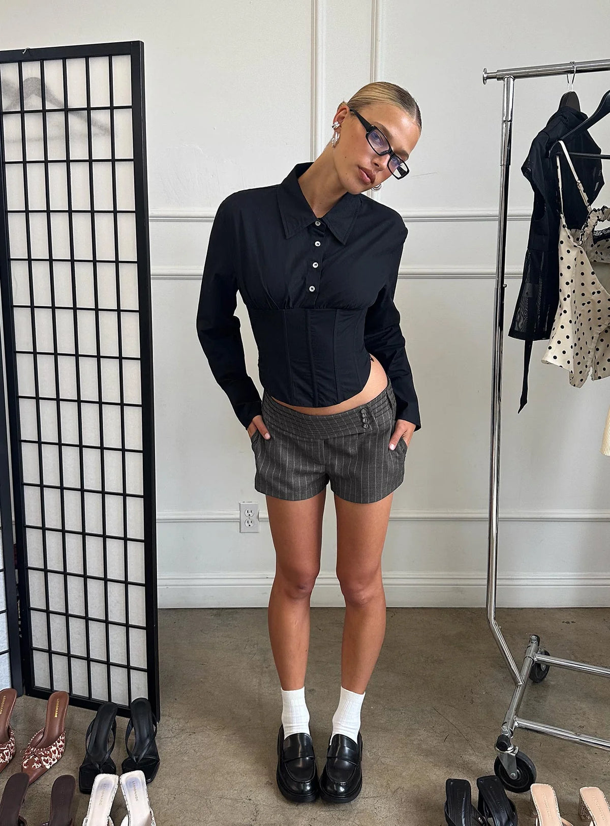 Body Electric Low Rise Shorts Grey Pinstripe