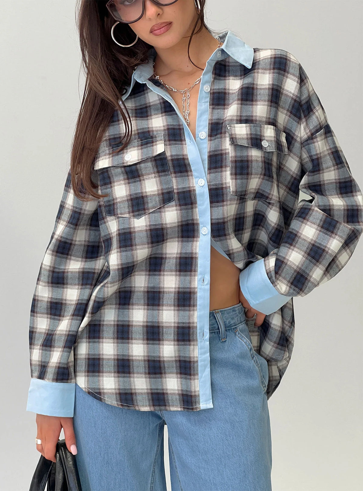 Walda Contrast Flannel Shirt Blue Check