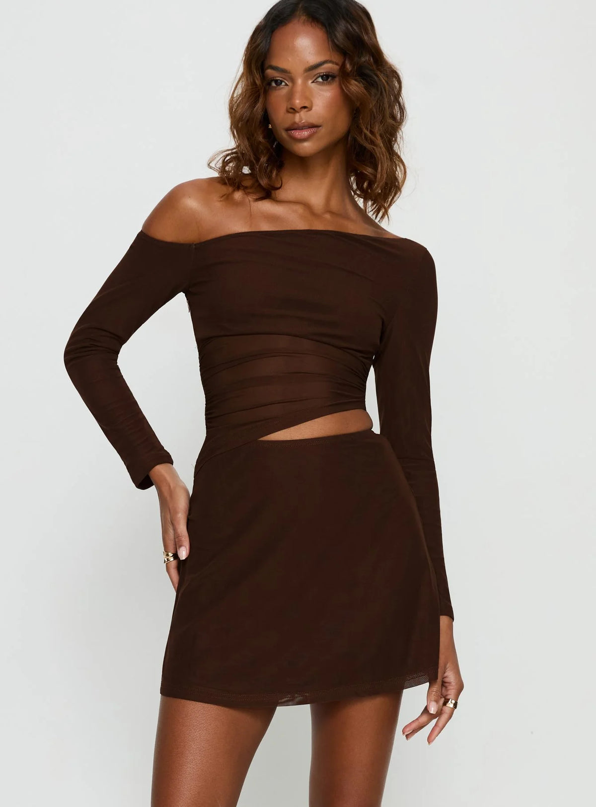 Fade To Black Off Shoulder Long Sleeve Mini Dress Chocolate