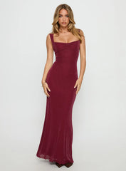 Crisanto Tie Up Ruched Maxi Dress Burgundy