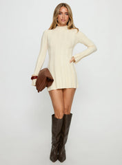 Carlee Rib Long Sleeve Mini Dress Cream
