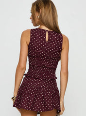 Roxee Ruched Linen Blend Top Plum Polka