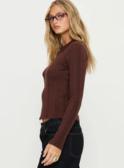 Tiaira Textured Zip Through Collared Long Sleeve Top Brown