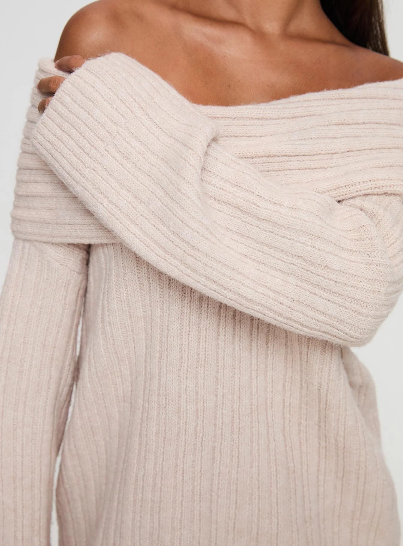 Mirrelle Off Shoulder Knit Sweater Beige