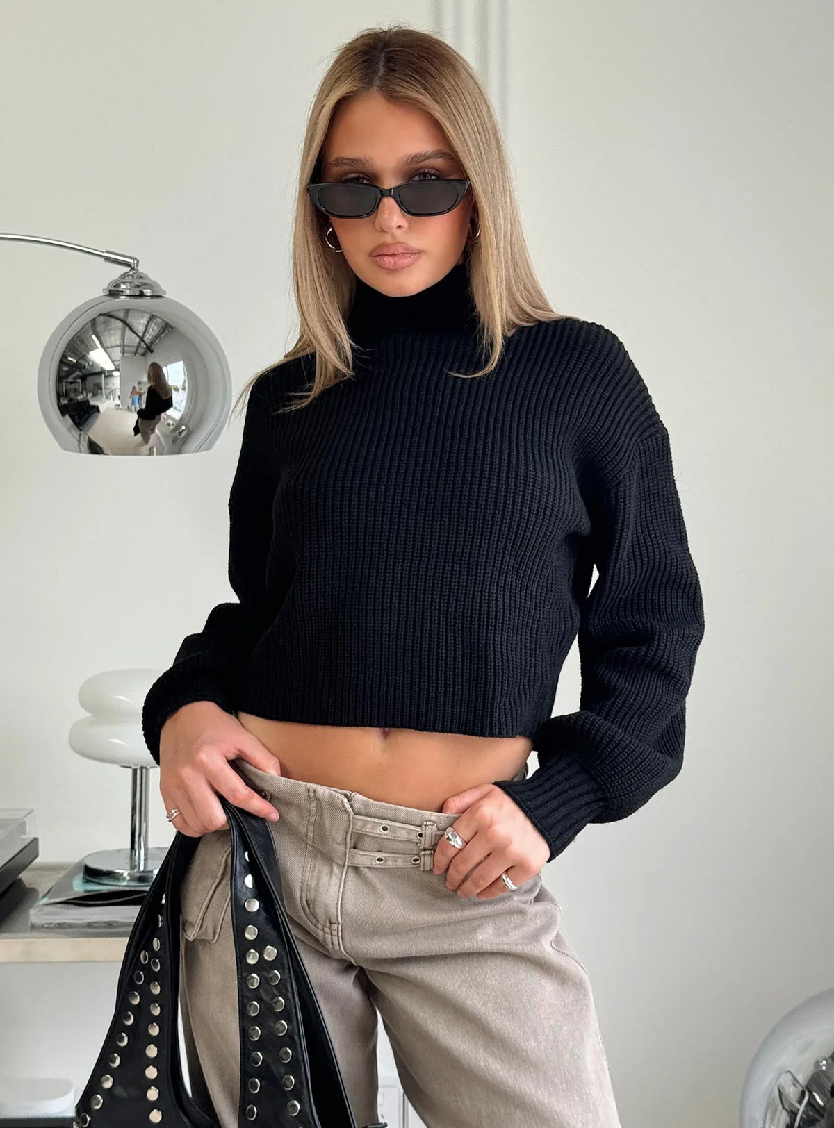 Sayge Mock Neck Knit Sweater Black