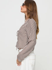 Maxette Long Sleeve Tie Top Brown Stripe