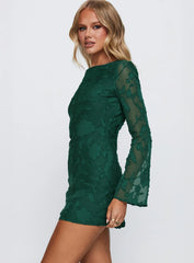 Jadee Long Sleeve Mini Dress Green Burnout