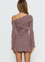 Adrietta Long Sleeve Off Shoulder Mini Dress Chocolate Pink Stripe