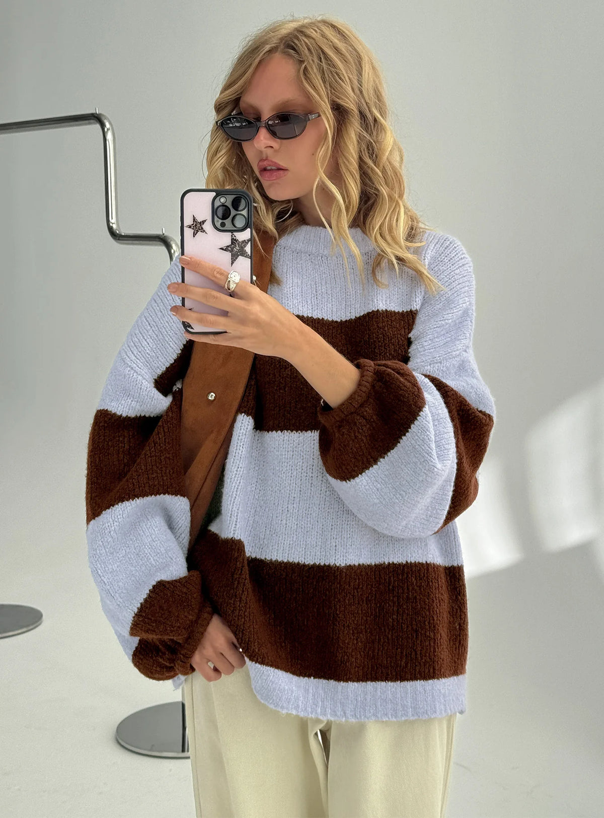 Bastien Crew Neck Knit Sweater Blue / Chocolate Stripe