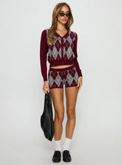 Raiven Knit Shorts Burgundy Argyle