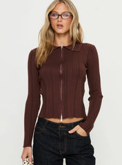 Tiaira Textured Zip Through Collared Long Sleeve Top Brown