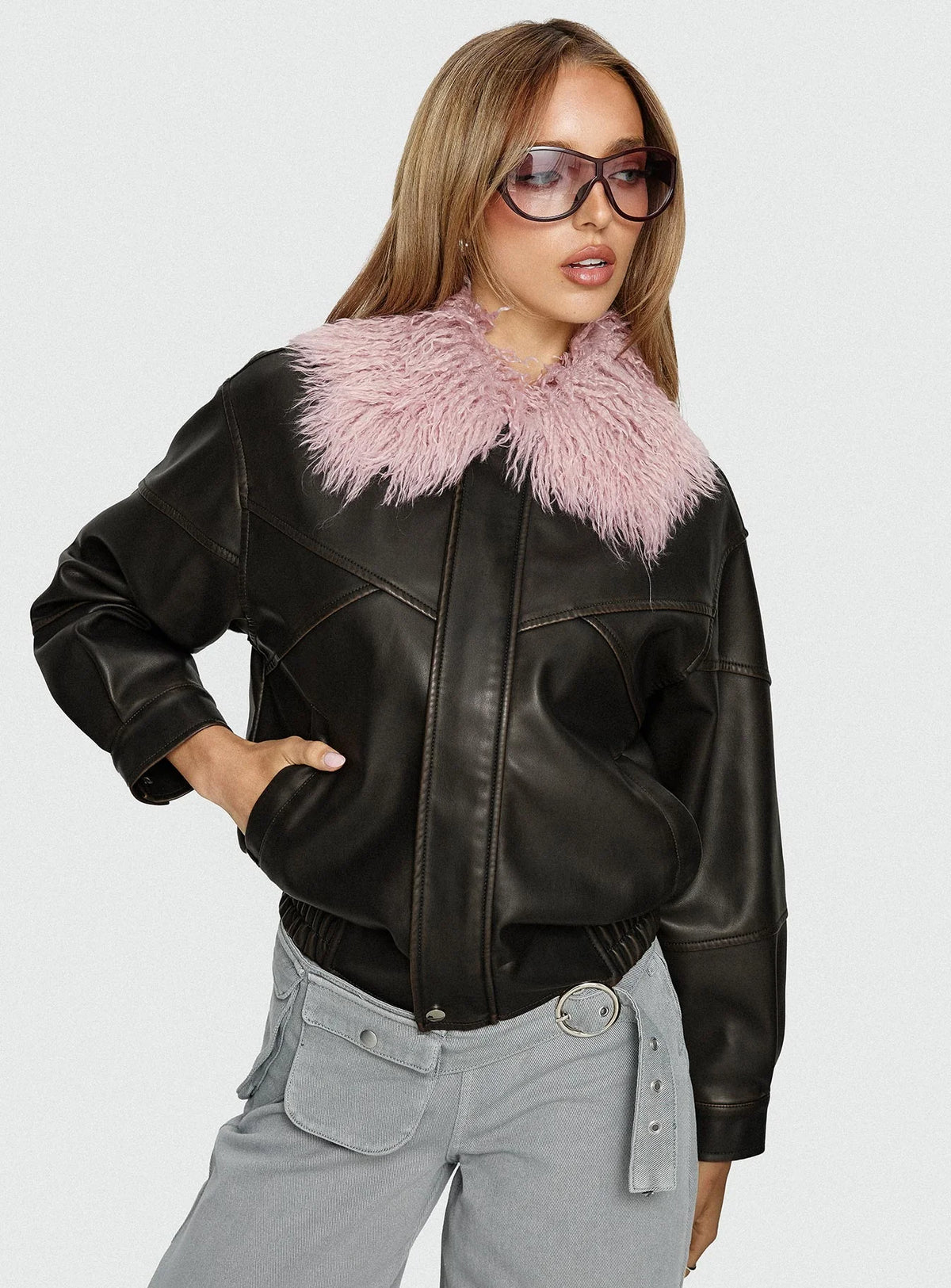 Brittanni Fluffy Collar Jacket Brown / Pink