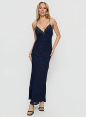 Alvera Fringe Beaded Maxi Dress Navy