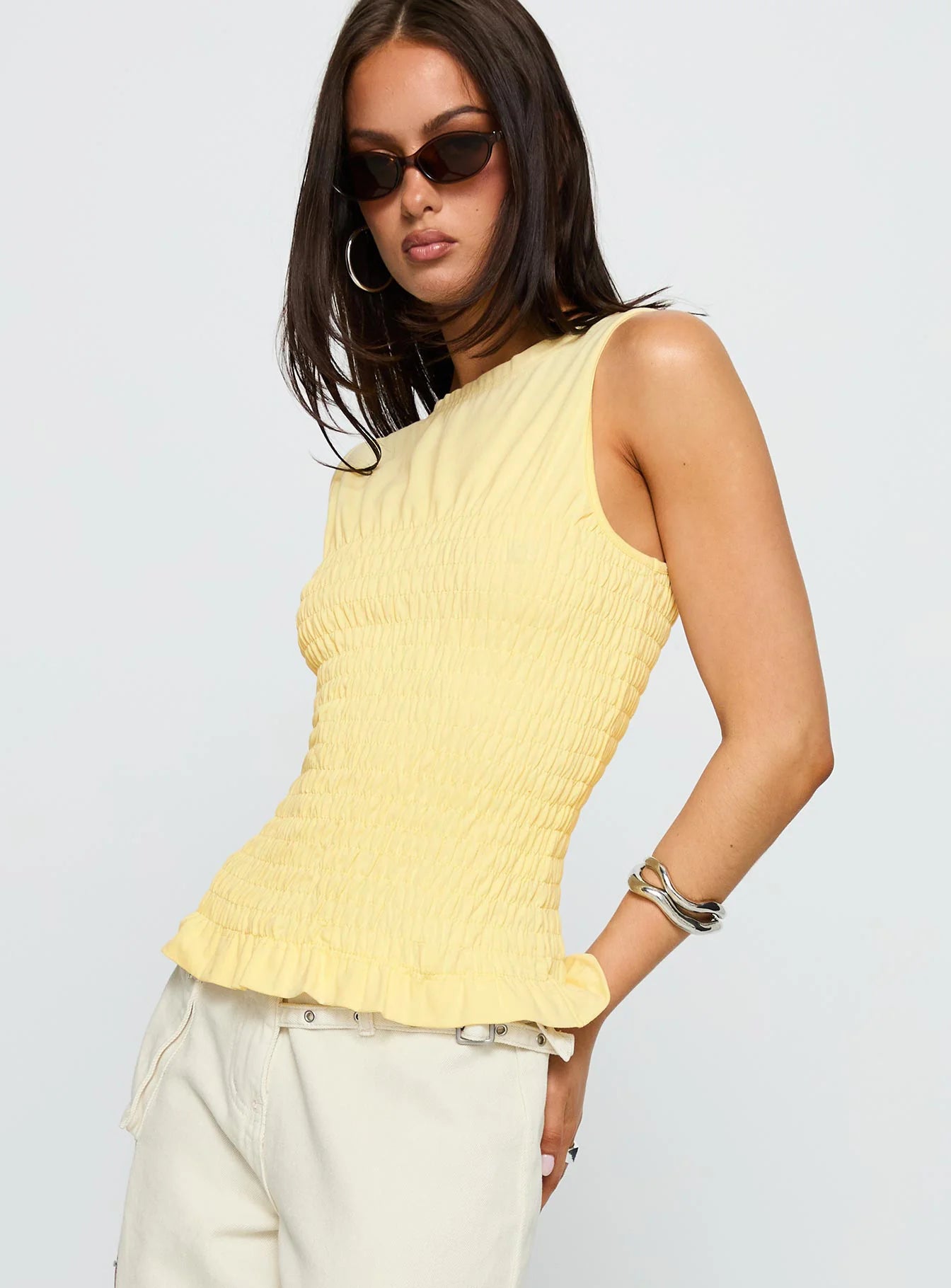 Maybe Tomorrow Ruched Sleeveless Top Lemon