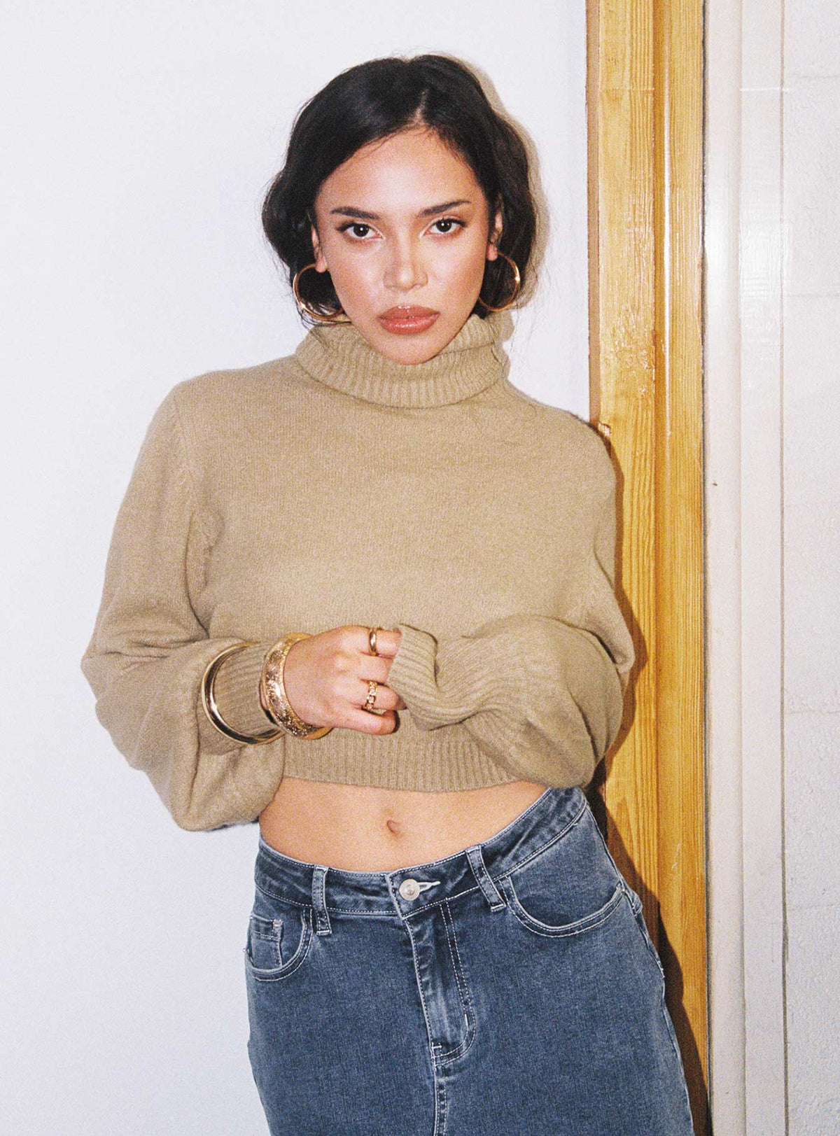 Zahara Cropped Turtleneck Sweater Beige Petite