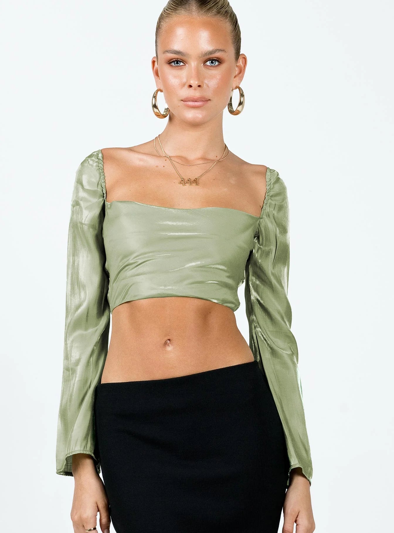 Nakai Lace Up Long Sleeve Top Sage