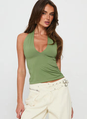 Fifi Halter Longline Wrap Top Olive Green