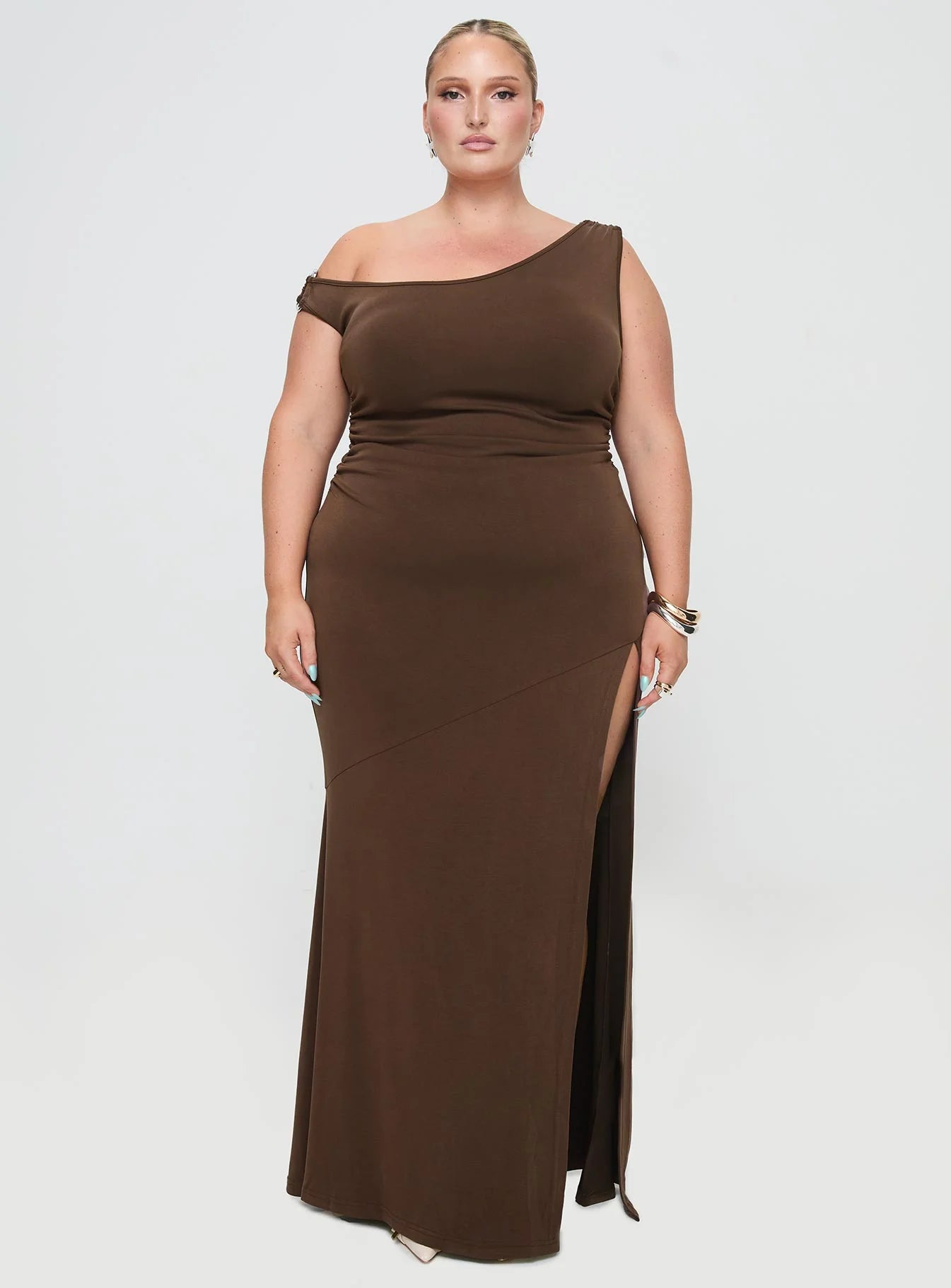 Rios One Shoulder Maxi Dress Brown Curve