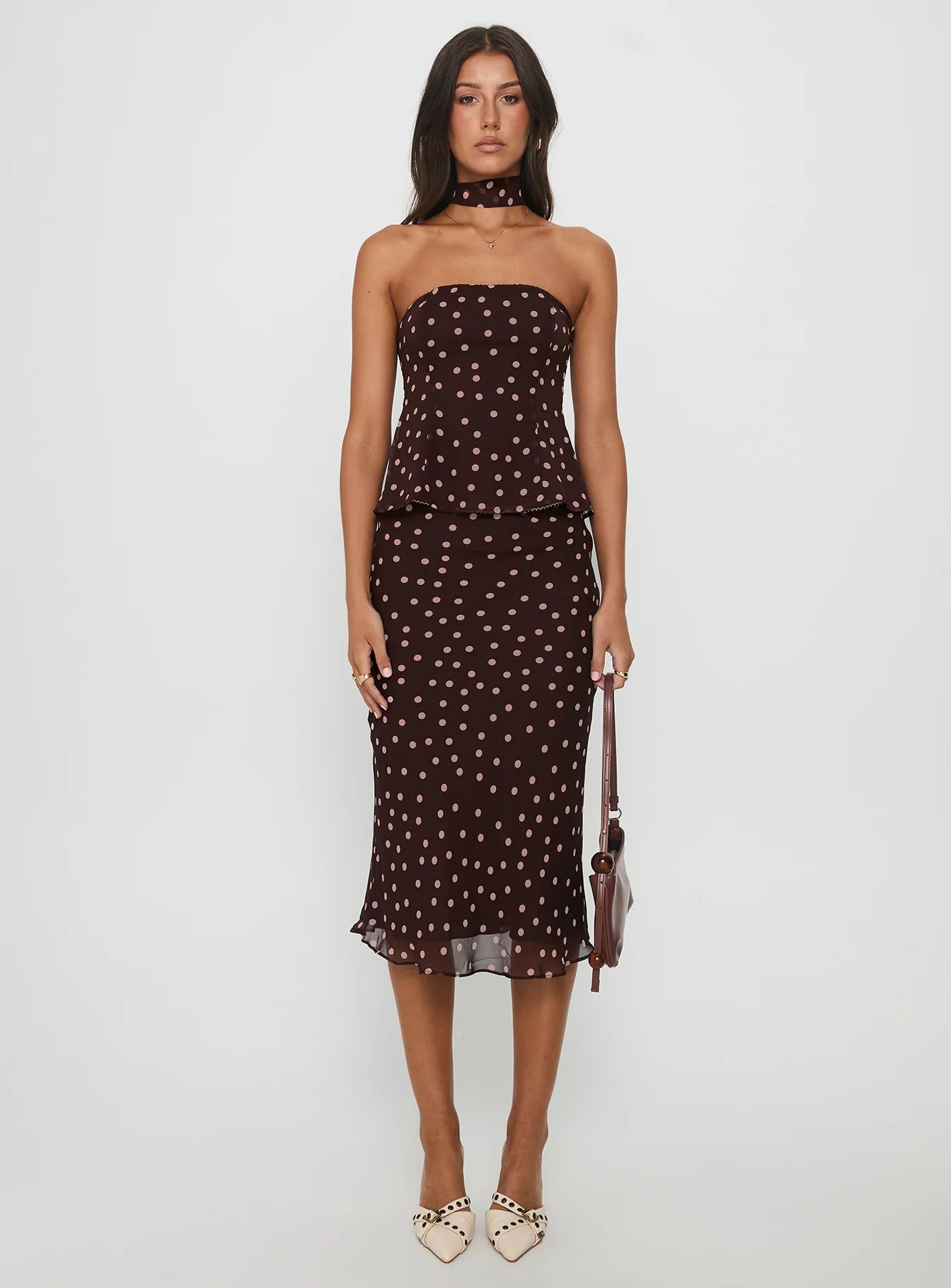 Sydni Scarf Detail Strapless Top Chocolate / Pink Polka
