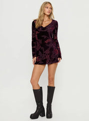 Alitra Long Sleeve Mini Dress Floral Devore Burgundy