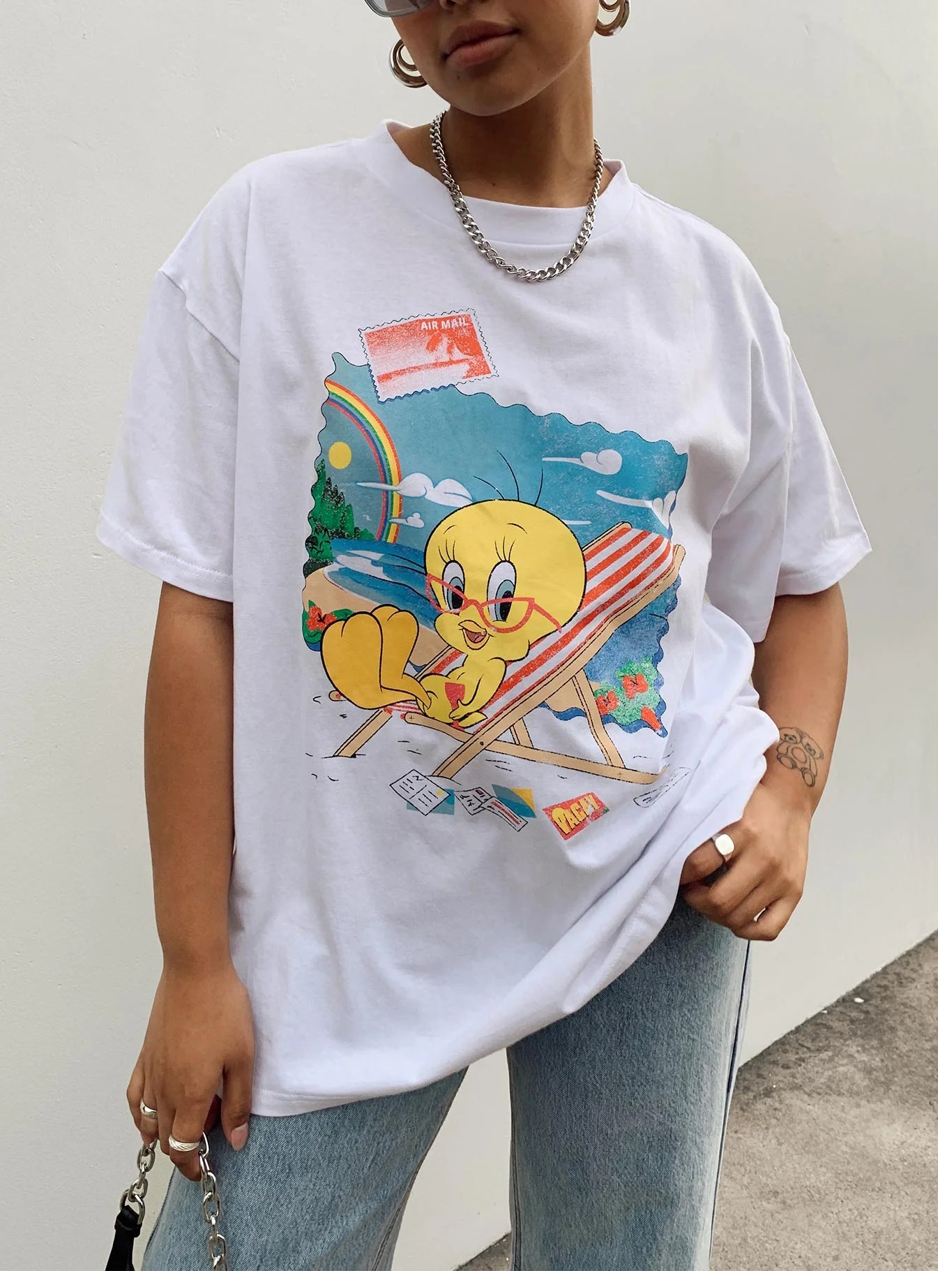 Tweety Post Card Vacation Oversized Tee White