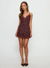 Call My Lover Lace Slip Mini Dress Brown Polka