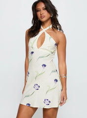 Havenna Halter Linen Blend Mini Dress Cream Floral
