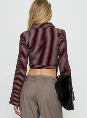 Anslee Wrap Detail Cropped Long Sleeve Top Burgundy Stripe
