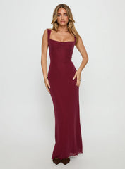 Crisanto Tie Up Ruched Maxi Dress Burgundy