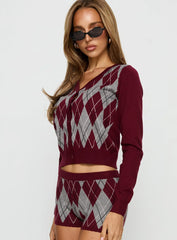 Raiven Knit Cardigan Burgundy Argyle
