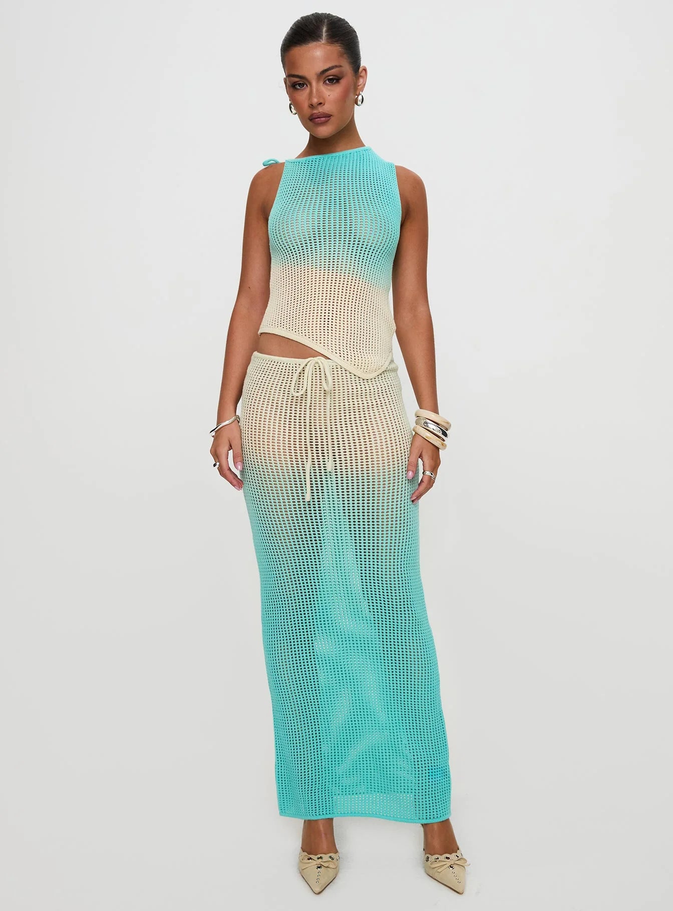 Auralia Asymmetric Knit Top Blue / Cream