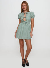 Nurture Bow Mini Dress Green Stripe
