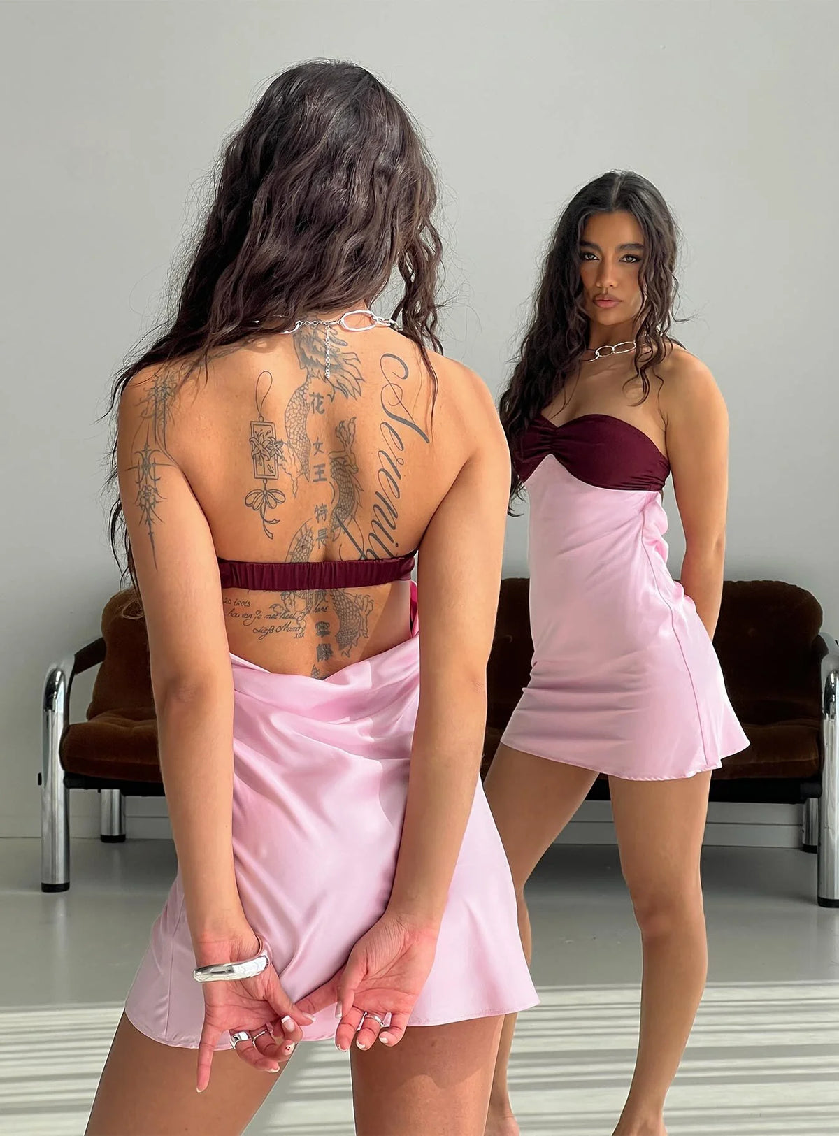 Luxa Ruched Mini Dress Pink / Wine