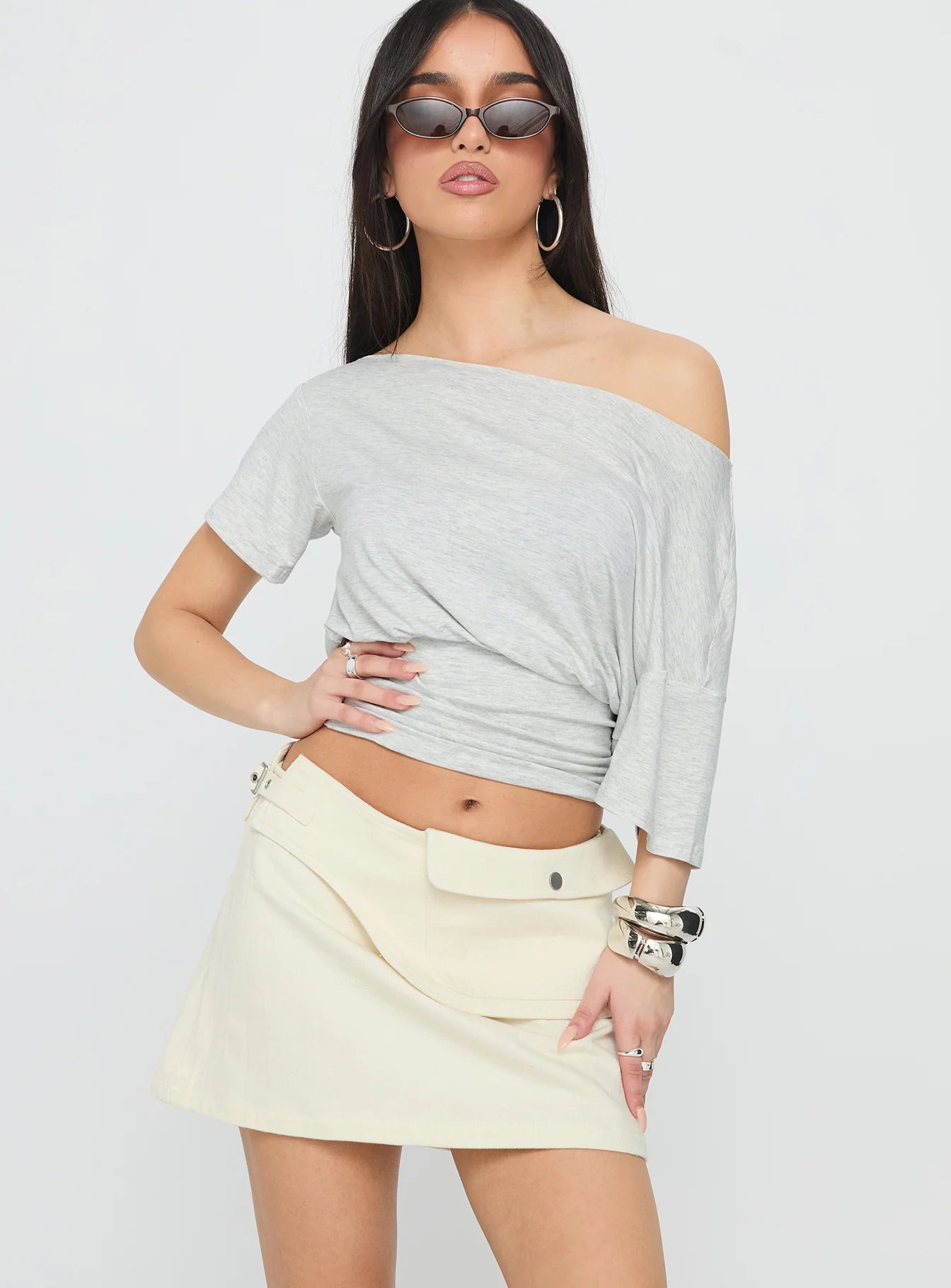 Supersonic Belted Denim Mini Skirt Ivory