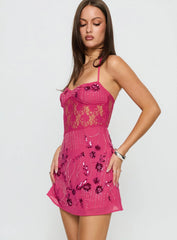 Havanna Halter Embellished Mini Dress Magenta