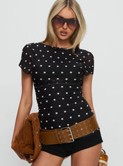 Attraction Cap Sleeve Mesh Top Black Polka