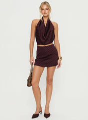 Keiana Plunge Neck Top Burgundy / Pink Polka