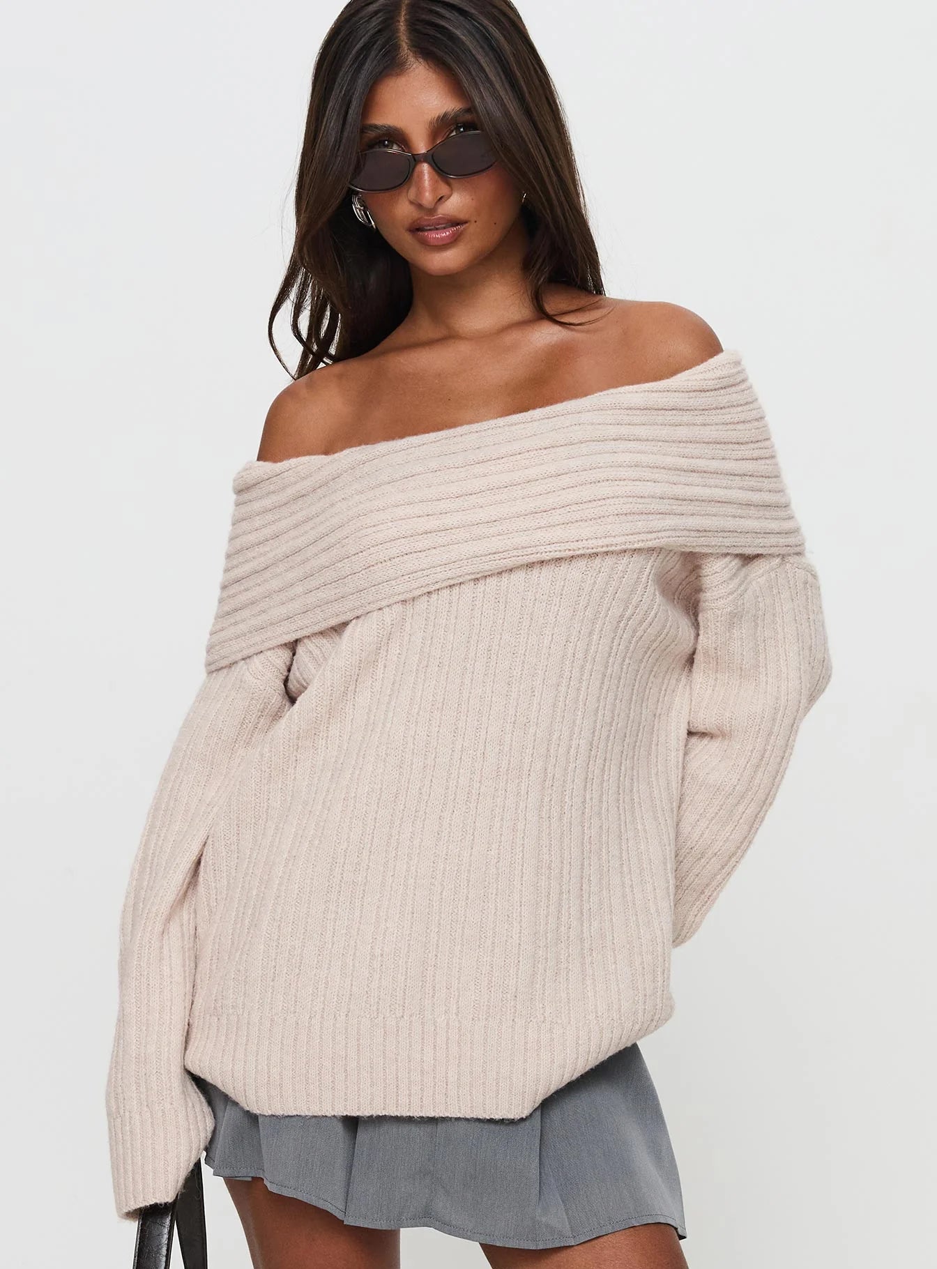 Mirrelle Off Shoulder Knit Sweater Beige