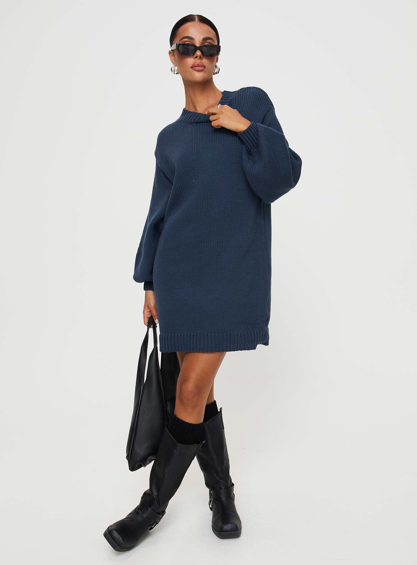 Harmony Balloon Sleeve Knit Mini Dress Navy