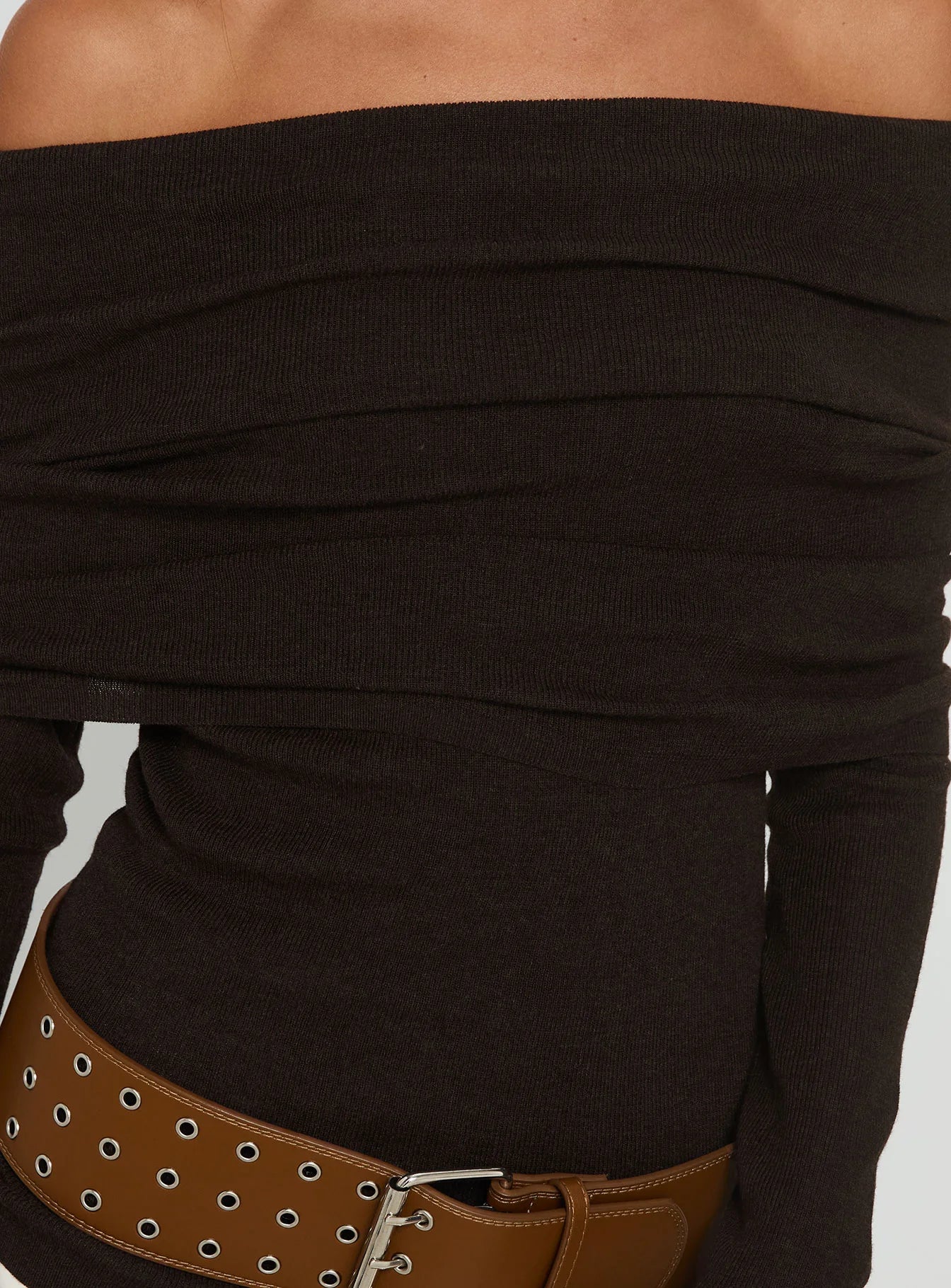 Florrie Off Shoulder Foldover Long Sleeve Top Chocolate