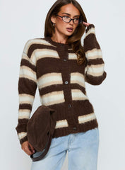 Cultivated Fluffy Knit Cardigan Brown Stripe