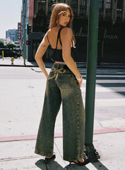 Ribbon Stamp Low Rise Wide Leg Jeans Antique Wash Petite
