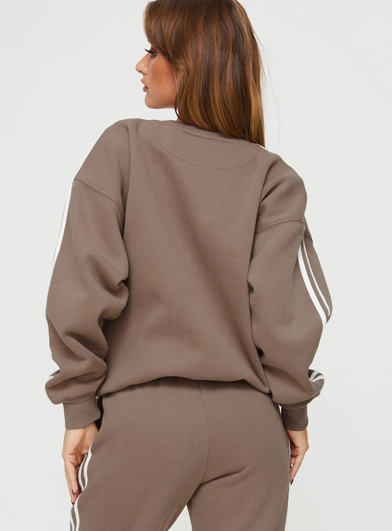 Princess Polly Crew Neck Sweatshirt Stripe Taupe / White